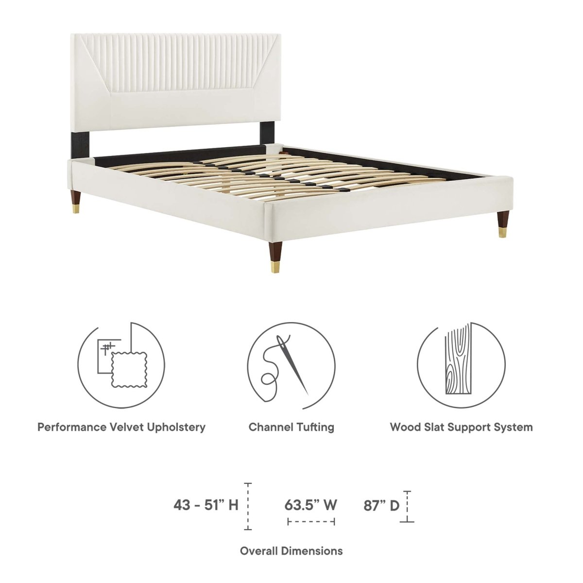Channel Tufted Performance Velvet Platform Bed with Gold Detailed Legs - Platform Bed available at Alpine Outlets in Denver