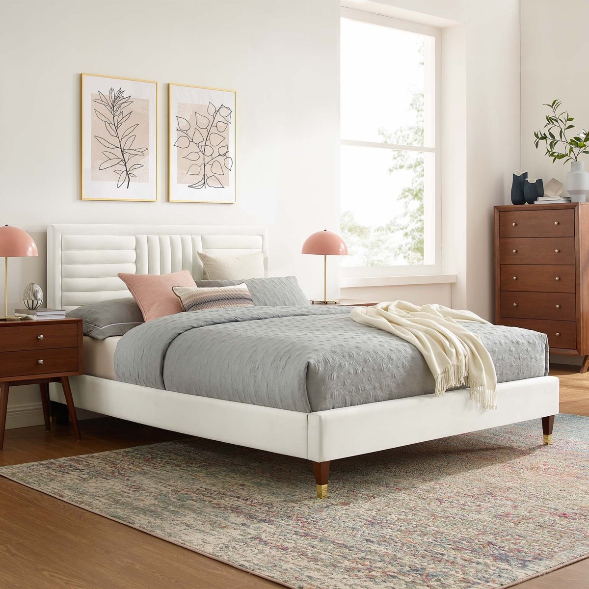 Channel Tufted Performance Velvet Platform Bed with Gold Detailed Wood Legs - Platform Bed available at Alpine Outlets in Denver