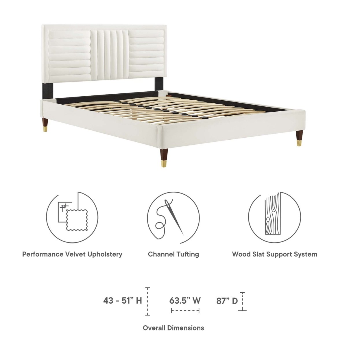 Channel Tufted Performance Velvet Platform Bed with Gold Detailed Wood Legs - Platform Bed available at Alpine Outlets in Denver