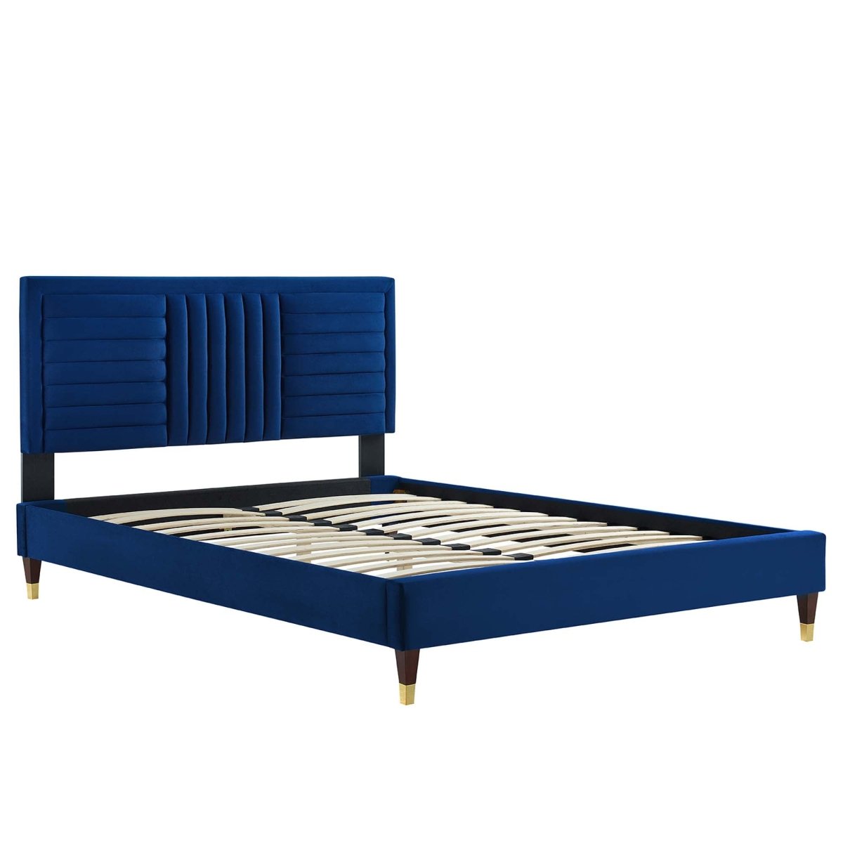 Channel Tufted Performance Velvet Platform Bed with Gold Detailed Wood Legs - Platform Bed available at Alpine Outlets in Denver