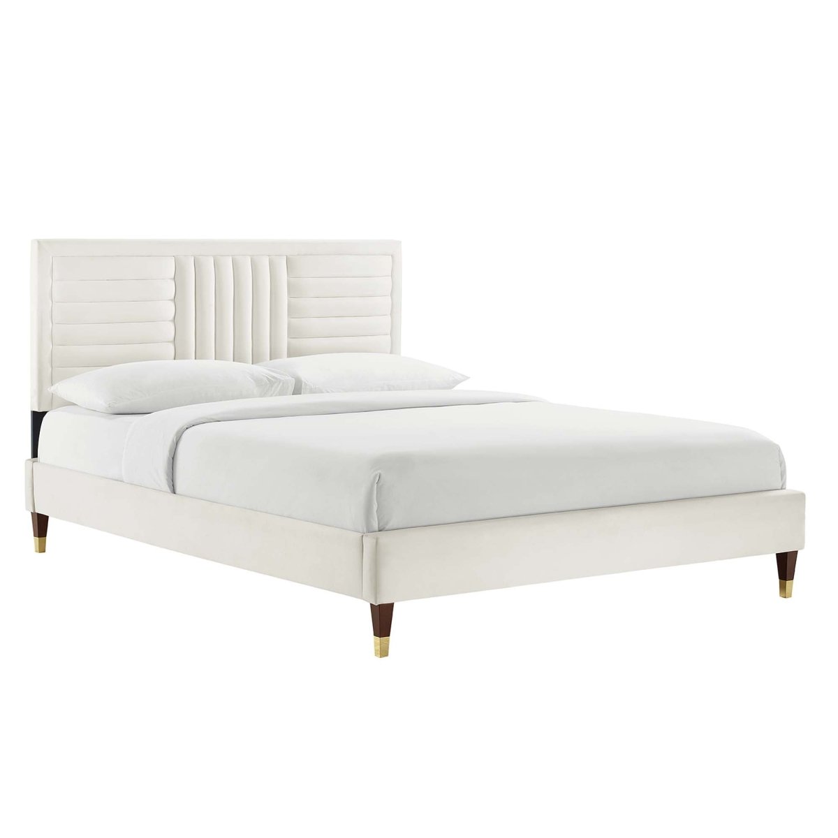 Channel Tufted Performance Velvet Platform Bed with Gold Detailed Wood Legs - Platform Bed available at Alpine Outlets in Denver