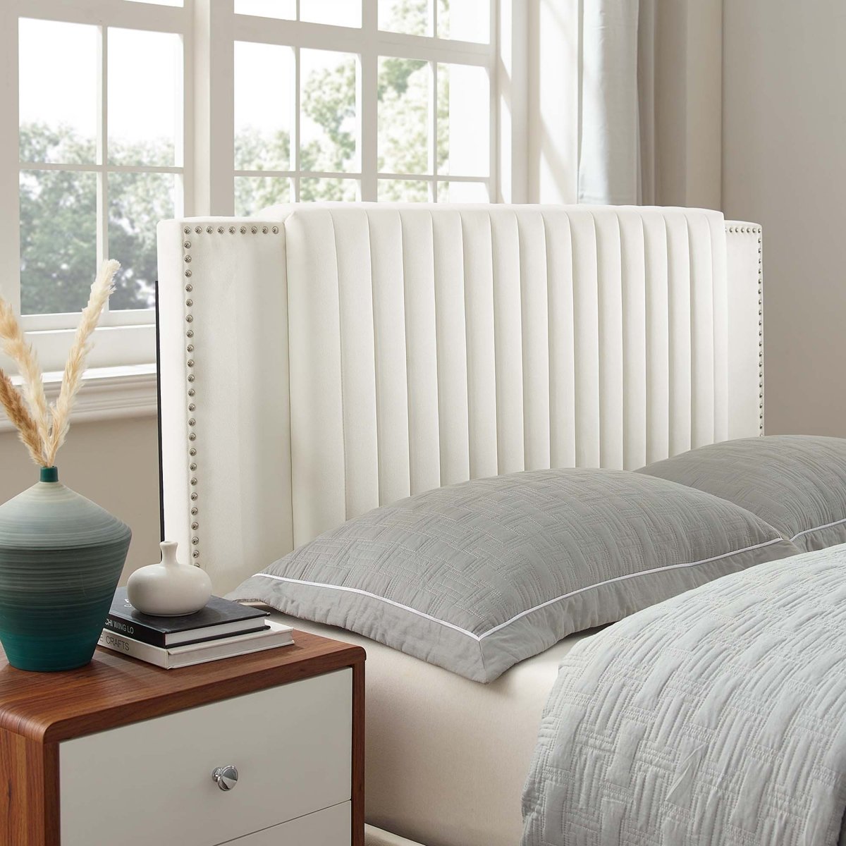 Channel Tufted Performance Velvet Platform Bed with Nailhead Trim - Platform Bed available at Alpine Outlets in Denver