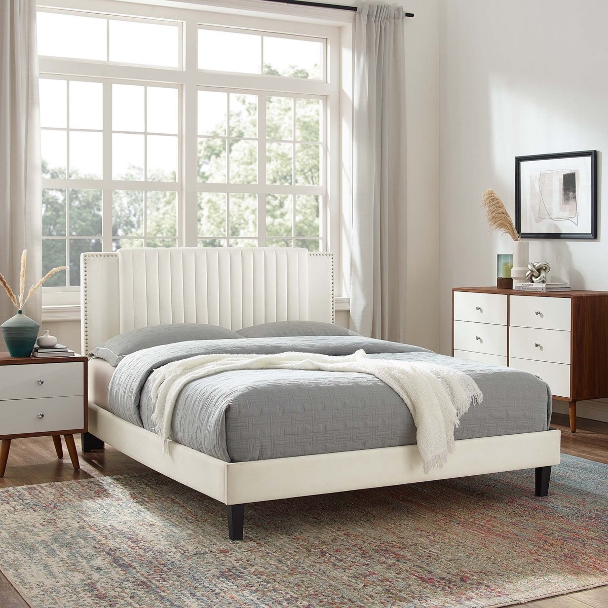 Channel Tufted Performance Velvet Platform Bed with Nailhead Trim - Platform Bed available at Alpine Outlets in Denver
