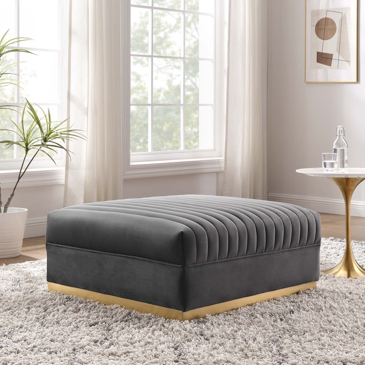 Channel Tufted Velvet Ottoman – Gold Base 36 Inch - Ottomans available at Alpine Outlets in Denver