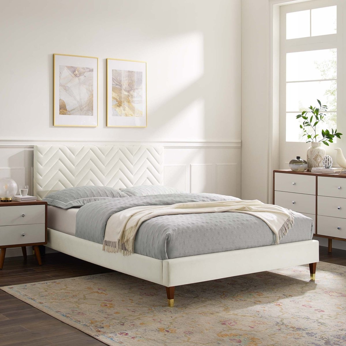 Chevron Tufted Performance Velvet Platform Bed with Gold Detailed Legs - Platform Bed available at Alpine Outlets in Denver