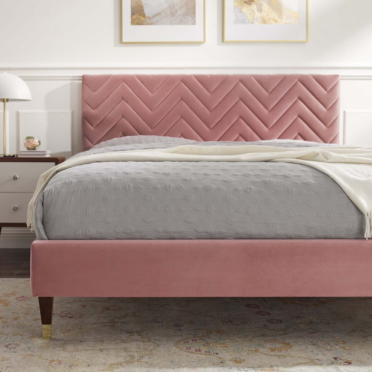 Chevron Tufted Performance Velvet Platform Bed with Gold Detailed Legs - Platform Bed available at Alpine Outlets in Denver
