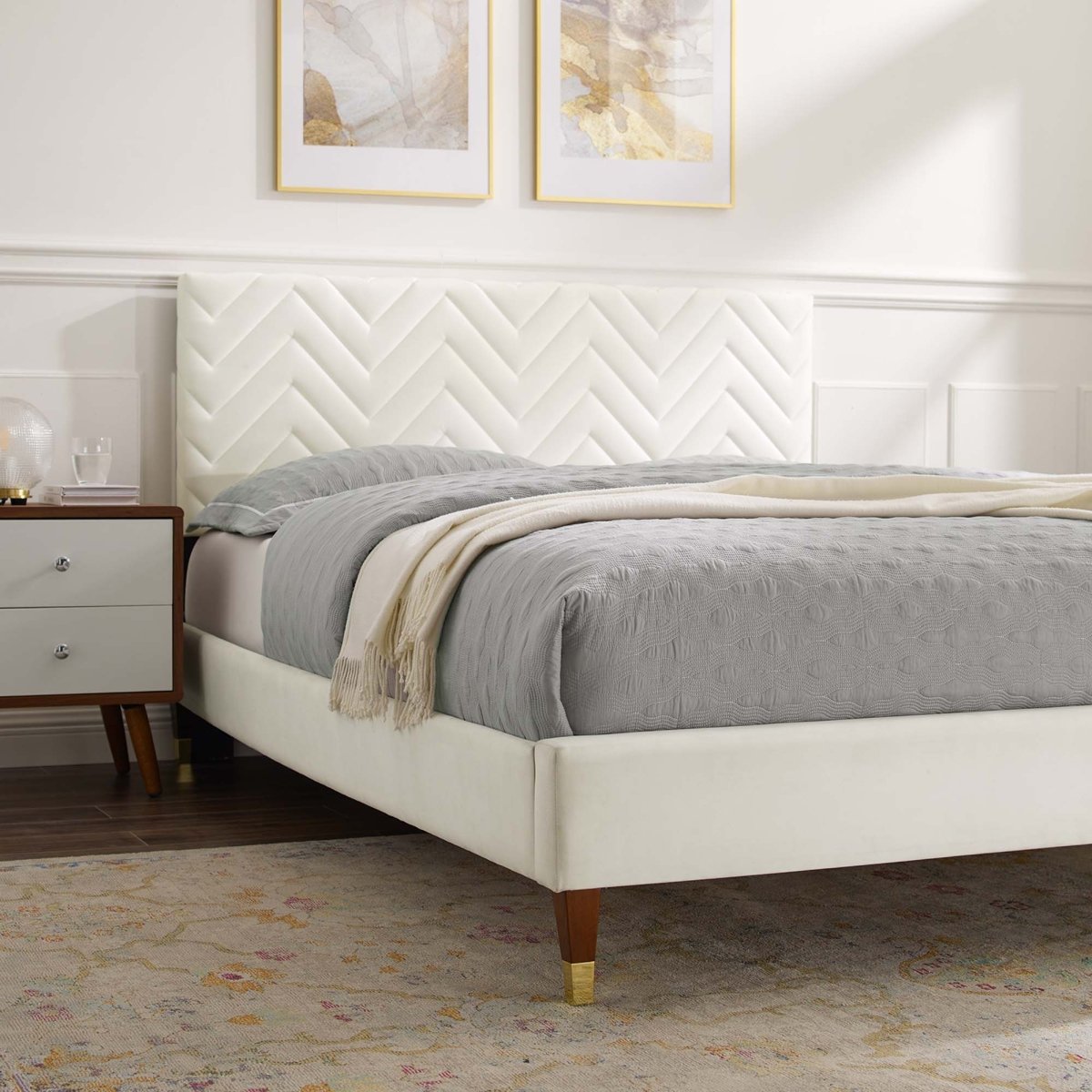 Chevron Tufted Performance Velvet Platform Bed with Gold Detailed Legs - Platform Bed available at Alpine Outlets in Denver