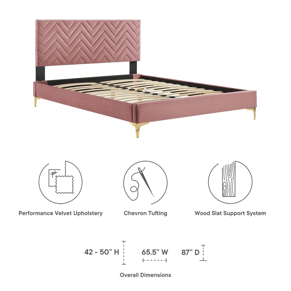 Chevron Tufted Performance Velvet Platform Bed with Gold Metal Legs - Platform Bed available at Alpine Outlets in Denver