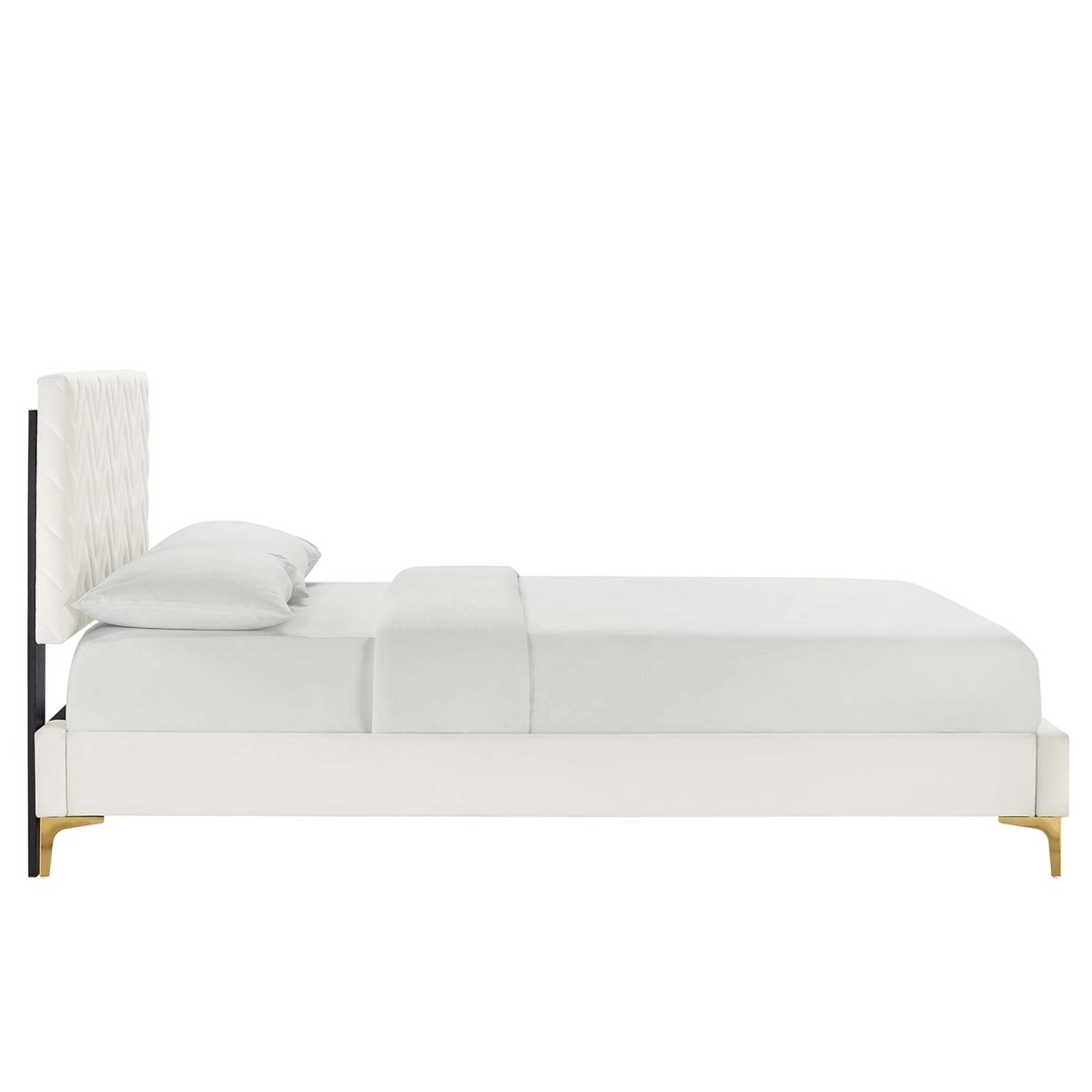 Chevron Tufted Performance Velvet Platform Bed with Gold Metal Legs - Platform Bed available at Alpine Outlets in Denver
