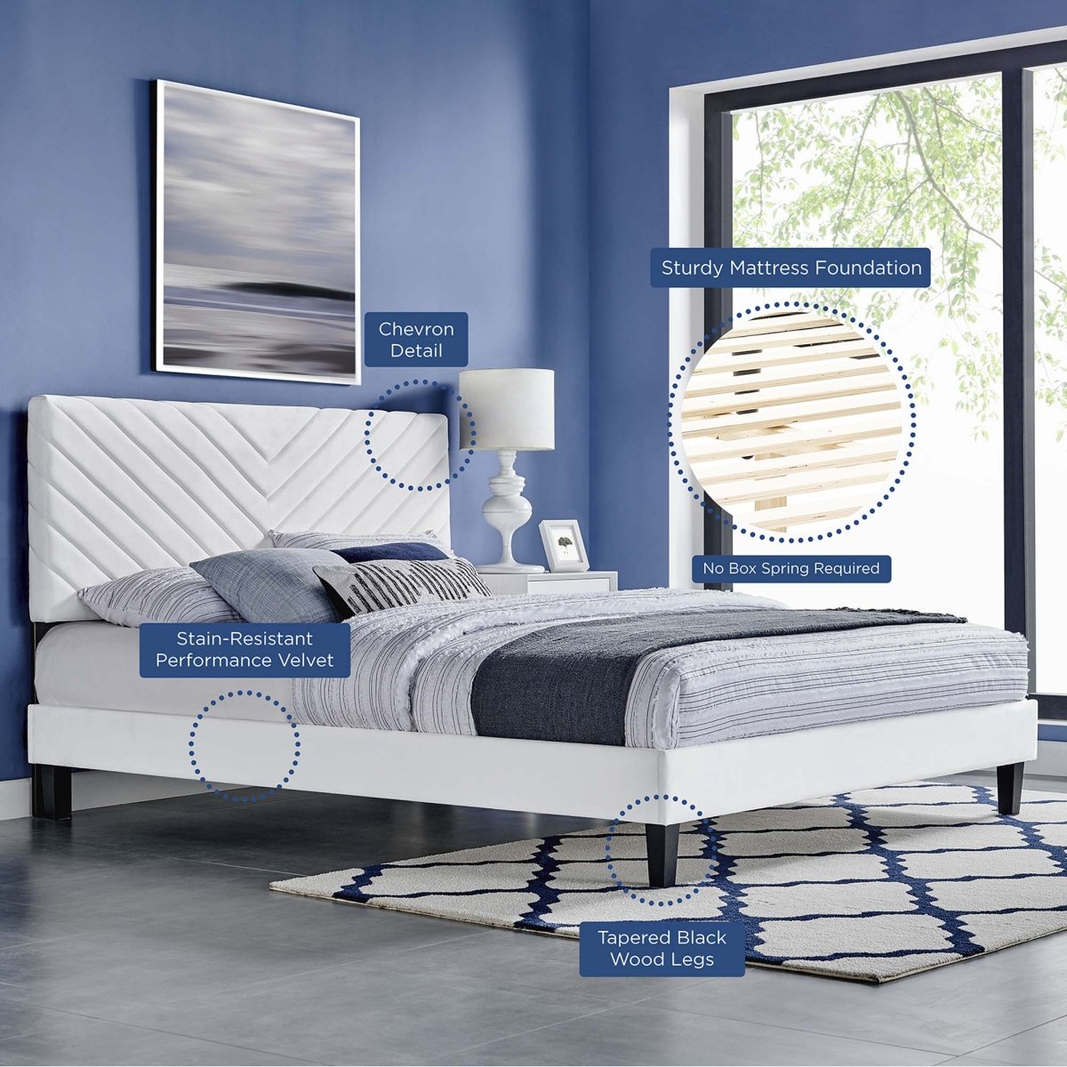 Chevron Tufted Performance Velvet Platform Bed with Tapered Black Legs - Platform Bed available at Alpine Outlets in Denver