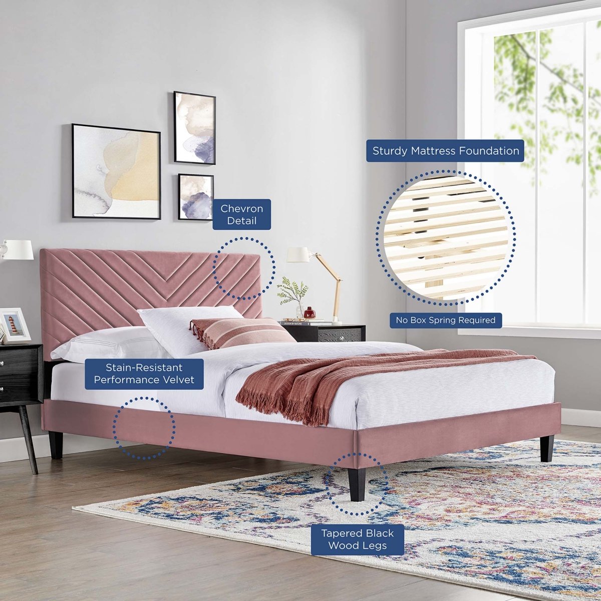 Chevron Tufted Performance Velvet Platform Bed with Tapered Black Legs - Platform Bed available at Alpine Outlets in Denver