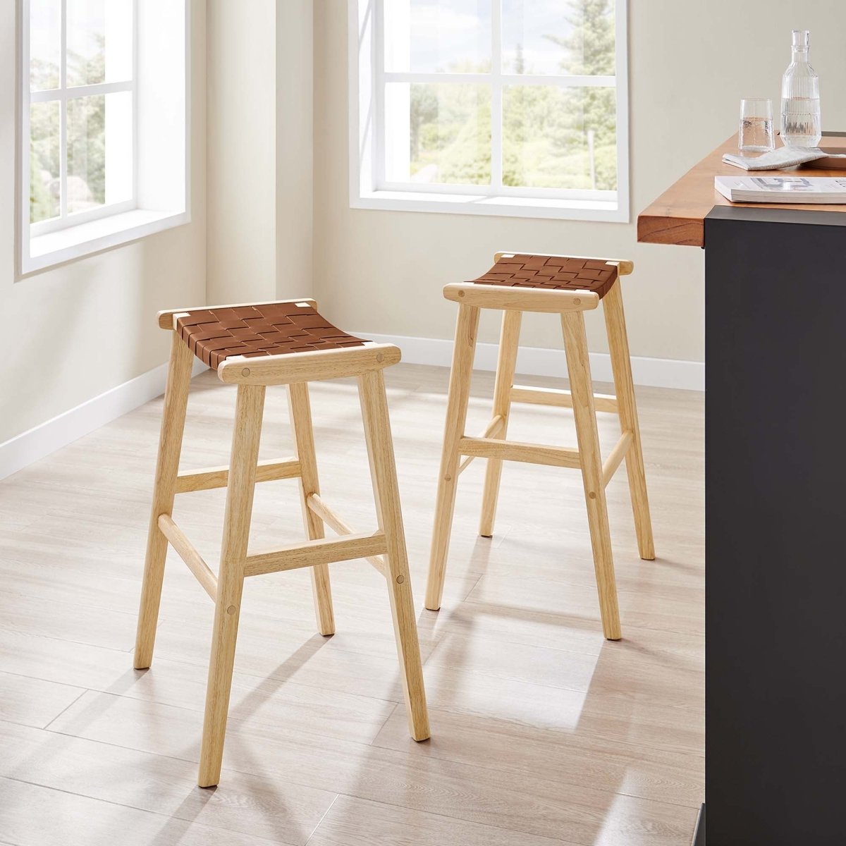 Contemporary Woven Leather and Wood Bar Stool Set of 2 - Stools available at Alpine Outlets in Denver