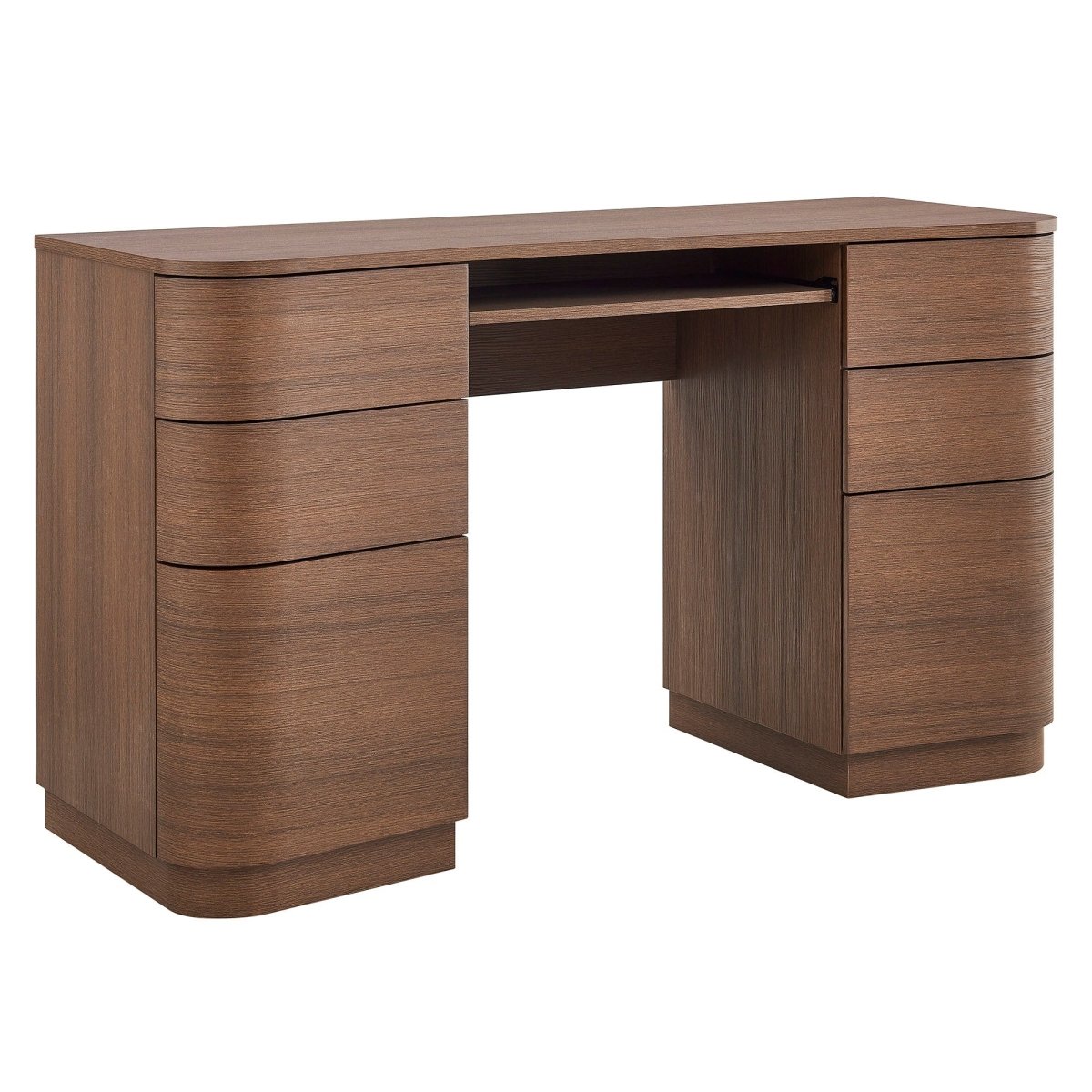 55" Curved 6-Drawer Office Desk with Keyboard Tray – Brushed Brown Oak - Workspace - Alpine Outlets