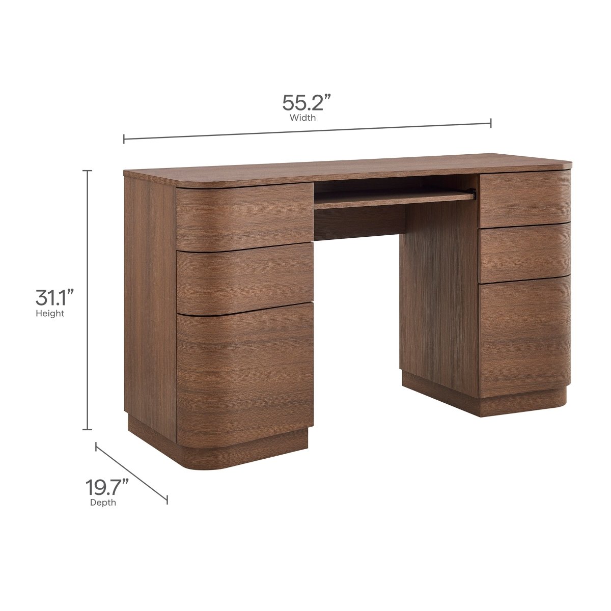55" Curved 6-Drawer Office Desk with Keyboard Tray – Brushed Brown Oak - Workspace - Alpine Outlets