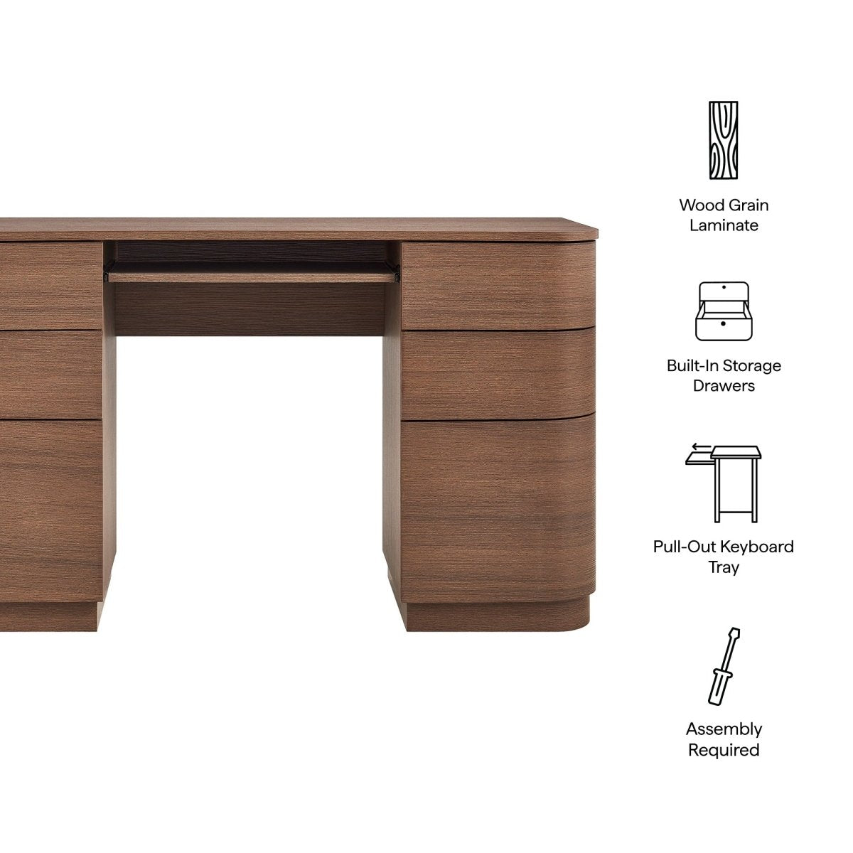 55" Curved 6-Drawer Office Desk with Keyboard Tray – Brushed Brown Oak - Workspace - Alpine Outlets