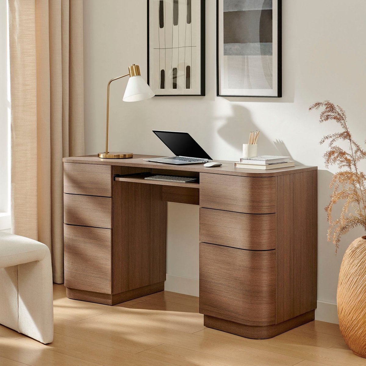 55" Curved 6-Drawer Office Desk with Keyboard Tray – Brushed Brown Oak - Workspace - Alpine Outlets