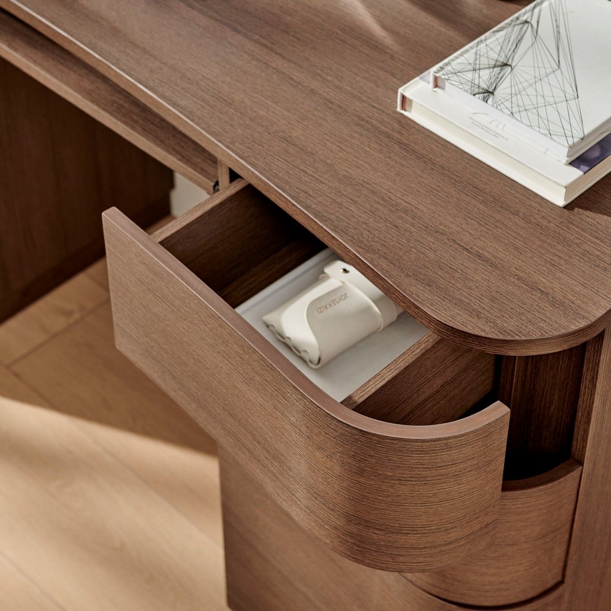 55" Curved 6-Drawer Office Desk with Keyboard Tray – Brushed Brown Oak - Workspace - Alpine Outlets