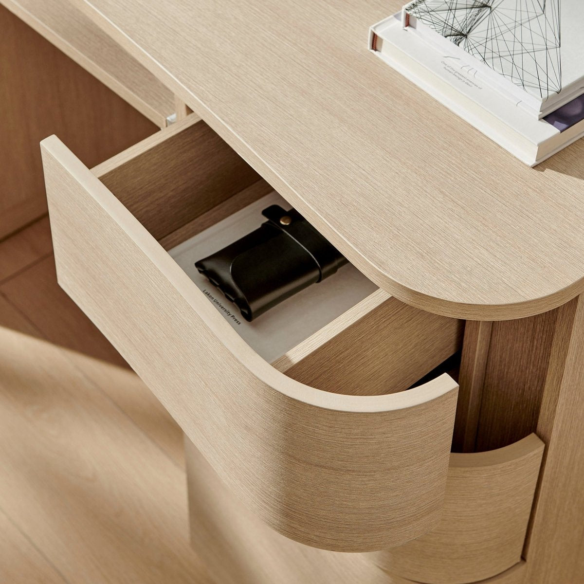 55" Curved 6-Drawer Office Desk with Keyboard Tray – Brushed Light Oak - Workspace - Alpine Outlets