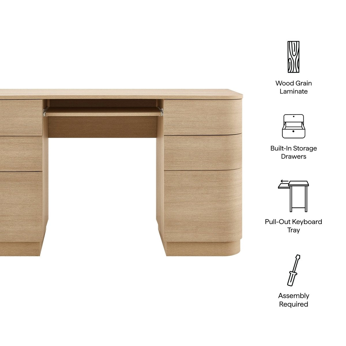 55" Curved 6-Drawer Office Desk with Keyboard Tray – Brushed Light Oak - Workspace - Alpine Outlets