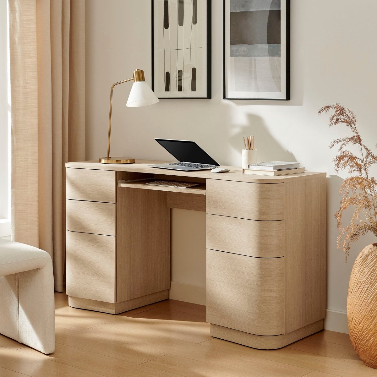 55" Curved 6-Drawer Office Desk with Keyboard Tray – Brushed Light Oak - Workspace - Alpine Outlets
