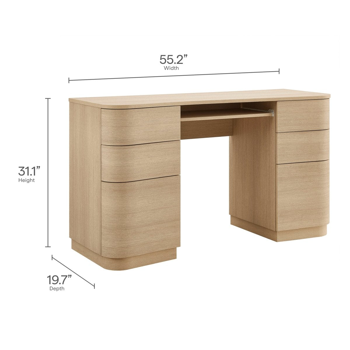 55" Curved 6-Drawer Office Desk with Keyboard Tray – Brushed Light Oak - Workspace - Alpine Outlets