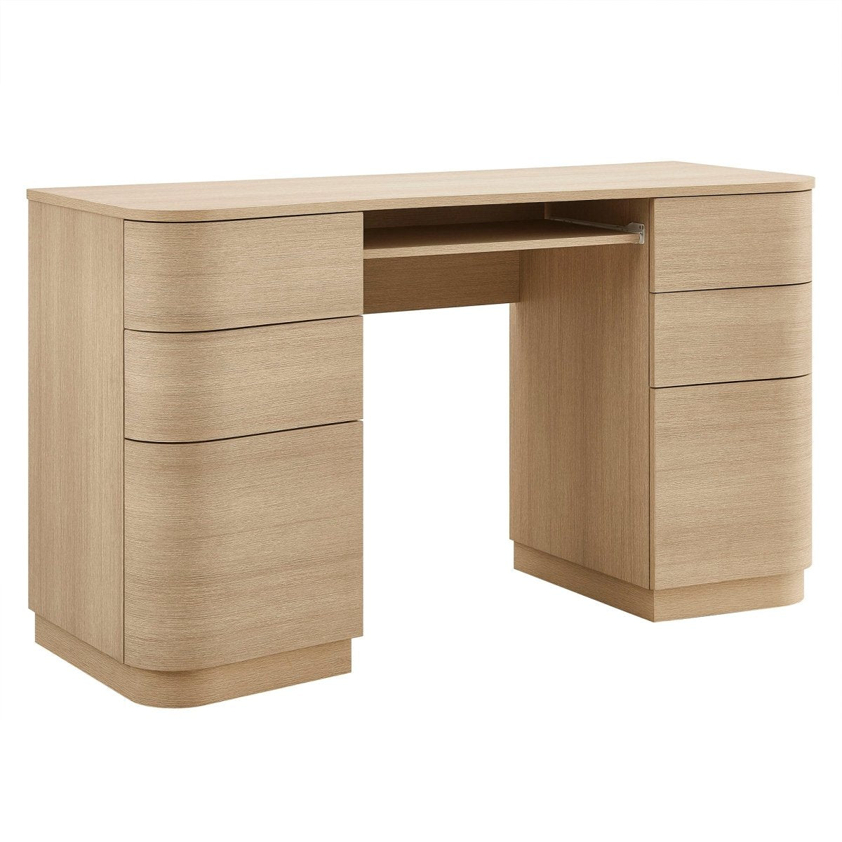 55" Curved 6-Drawer Office Desk with Keyboard Tray – Brushed Light Oak - Workspace - Alpine Outlets