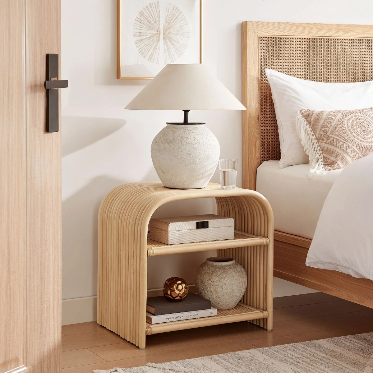 Curved Rattan Side Table with Shelf – Natural 24 Inch - End & Side Tables available at Alpine Outlets in Denver