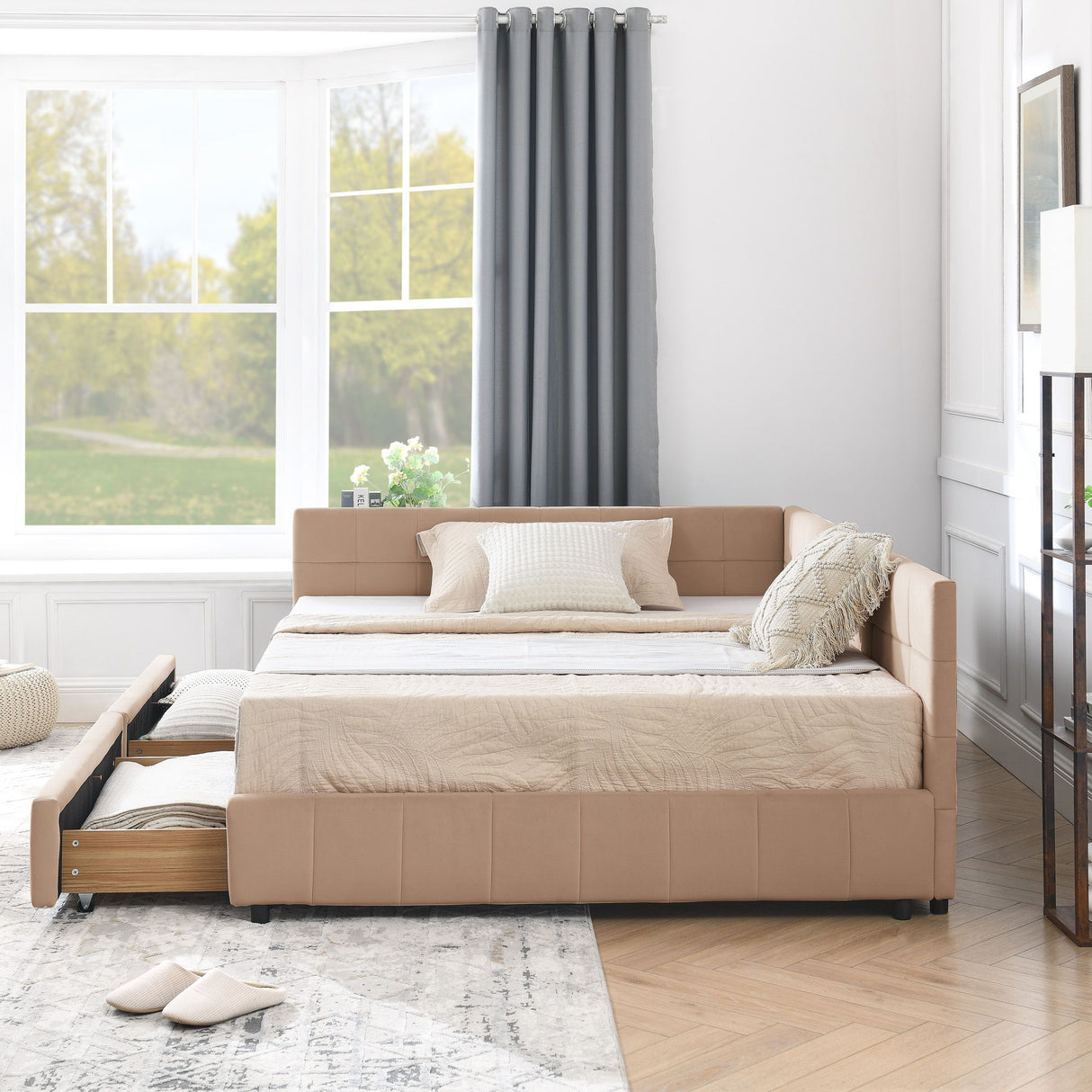 Mid-Century Storage Upholstered Tufted Bed Frame With Backrest And Armrests