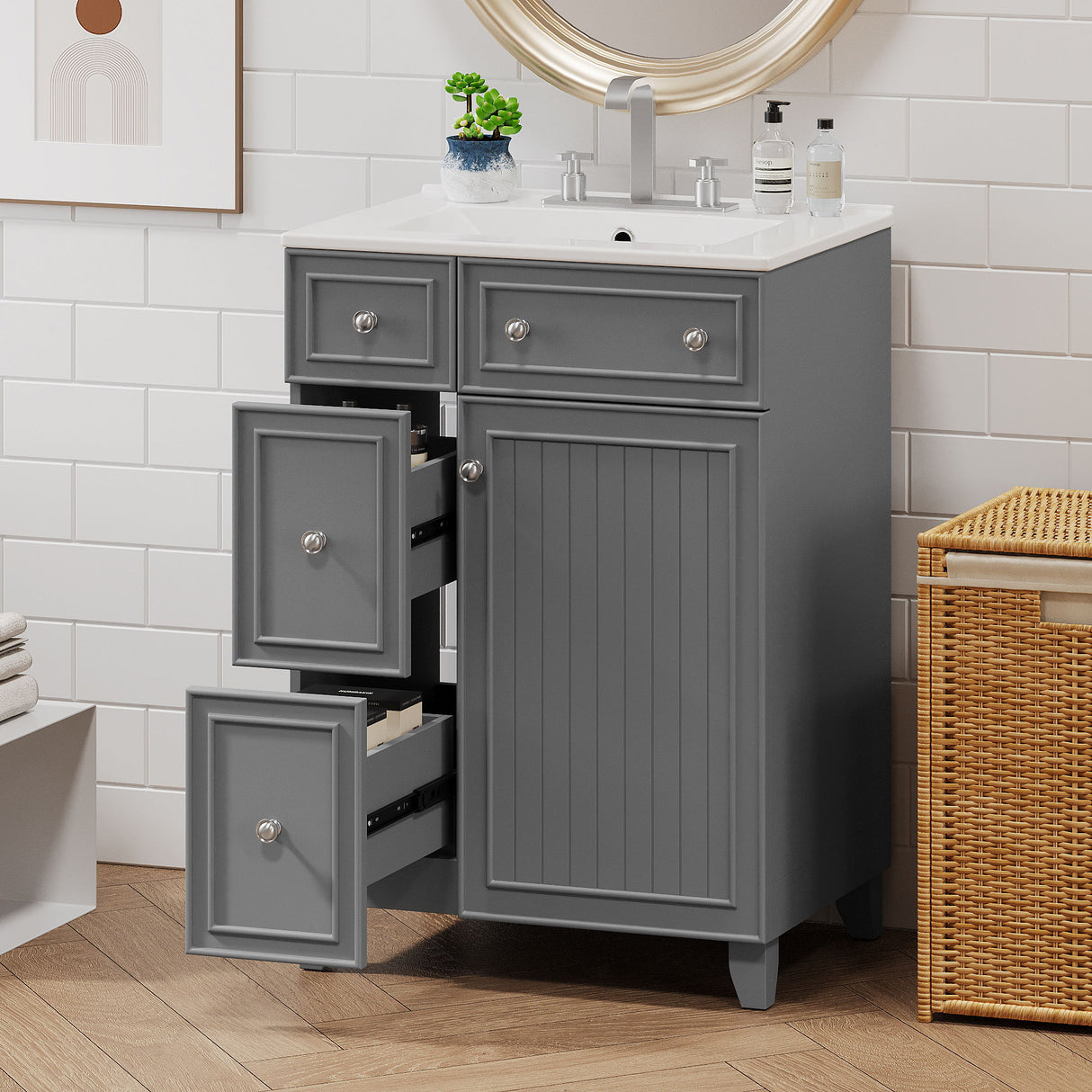 Transitional Style Bathroom Vanity Cabinet With Ceramic Sink