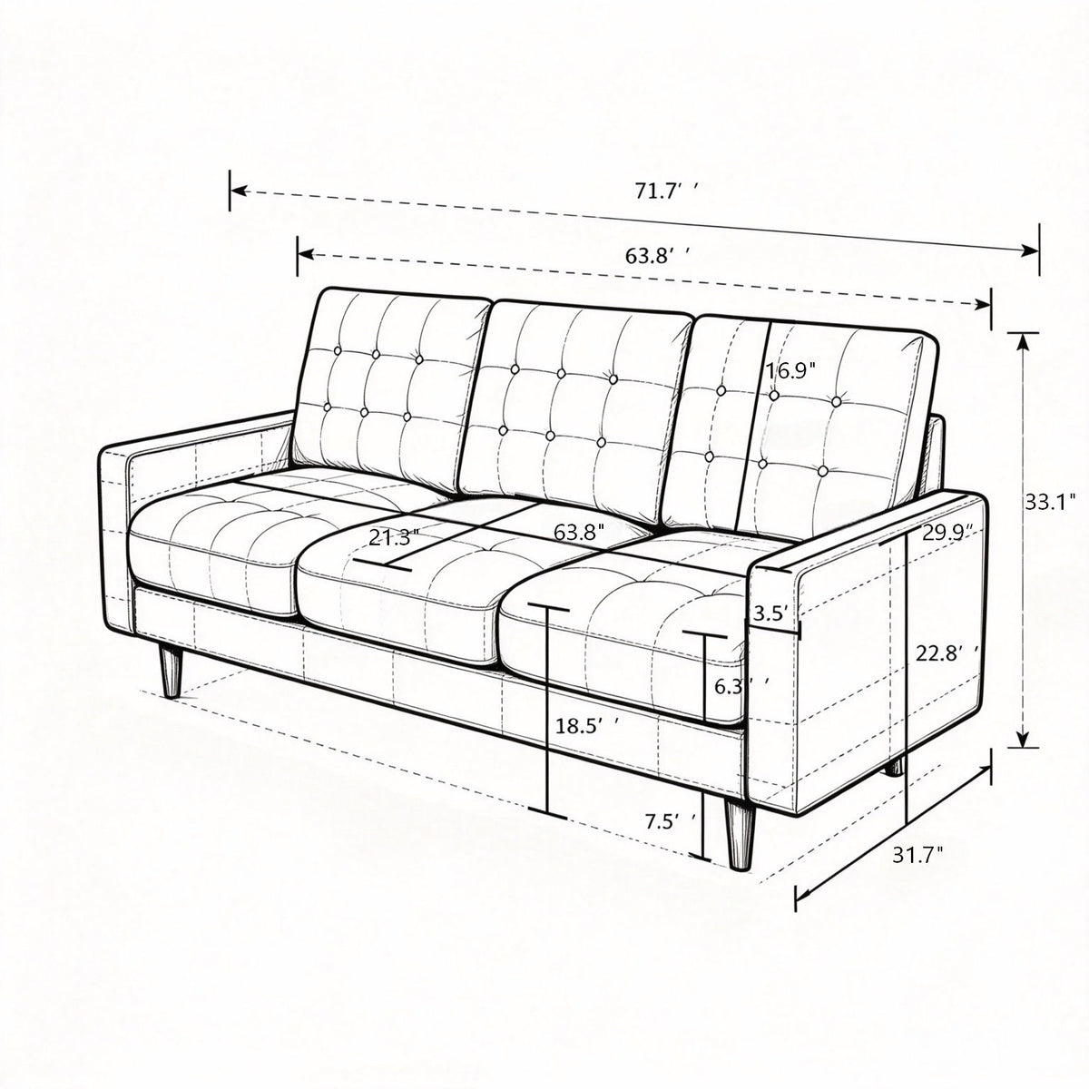 3 Seat Sofa Couch With Tufted Back Upholstered Couch For Living Room