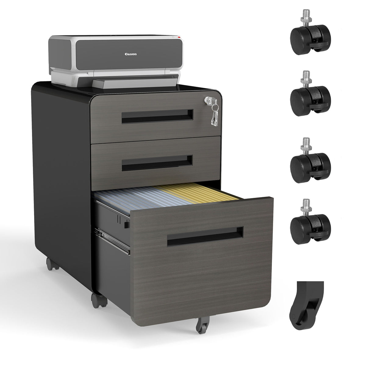 3-Drawer Mobile File Cabinet With Lock, On Casters, Holds A4/Letter Files