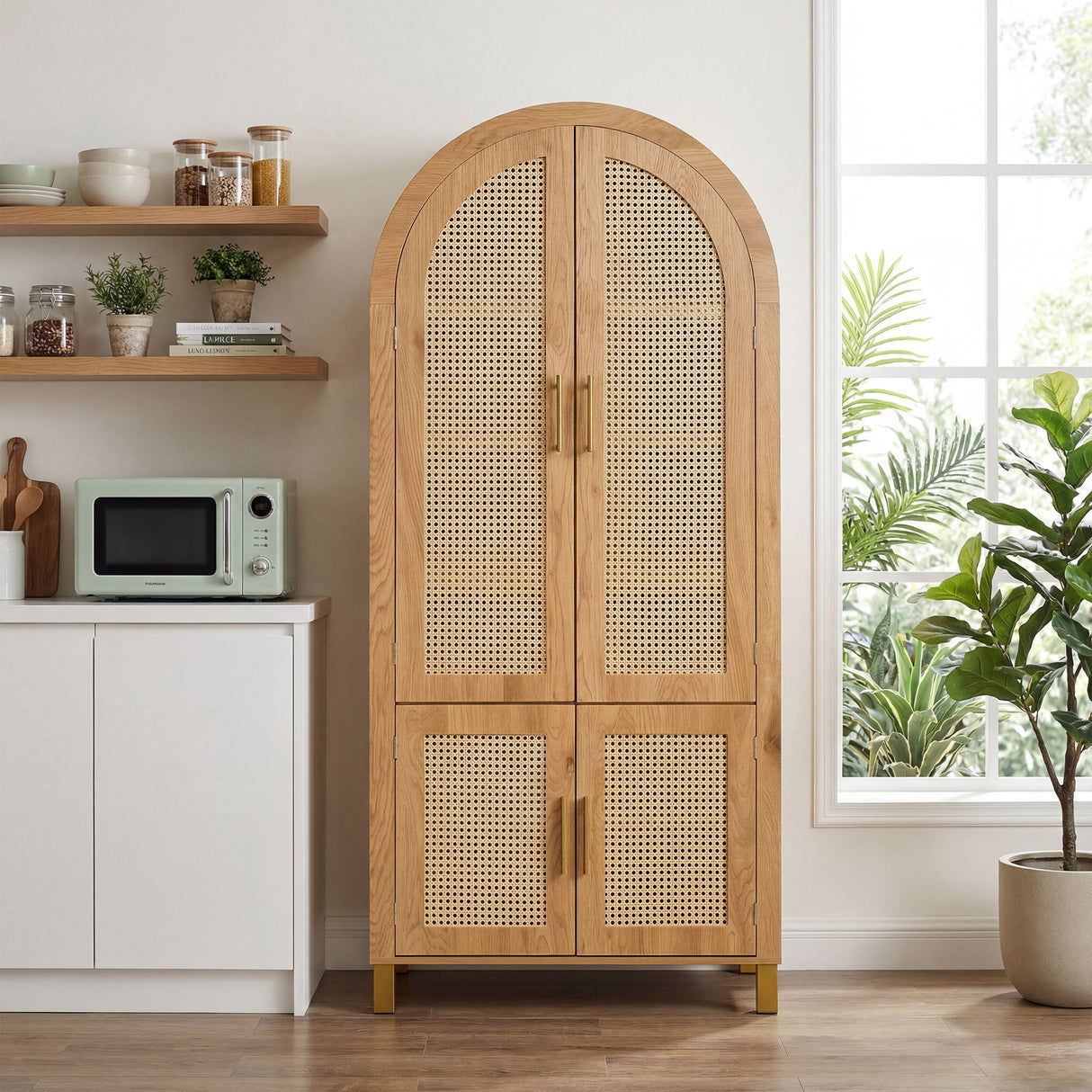 Tall Arched Cabinet With Rattan Doors & Adjustable Shelves