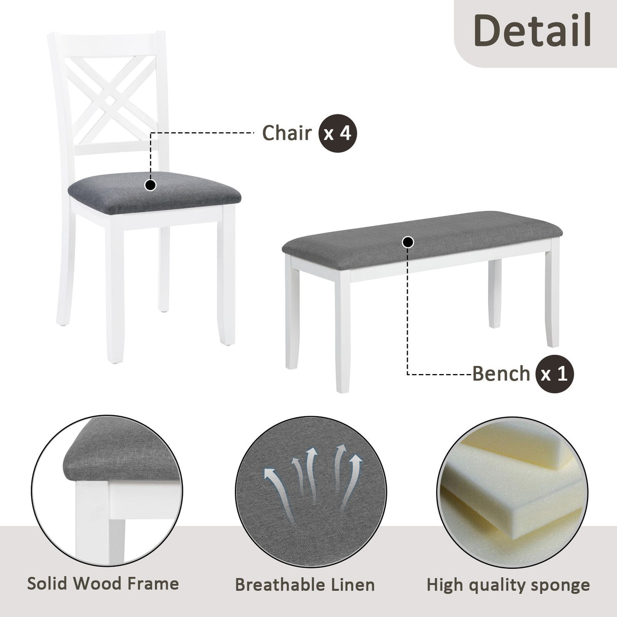 6 Piece Kitchen Dining Set, Rectangular Dining Table With 4 Upholstered Chairs And Bench - Gray / White