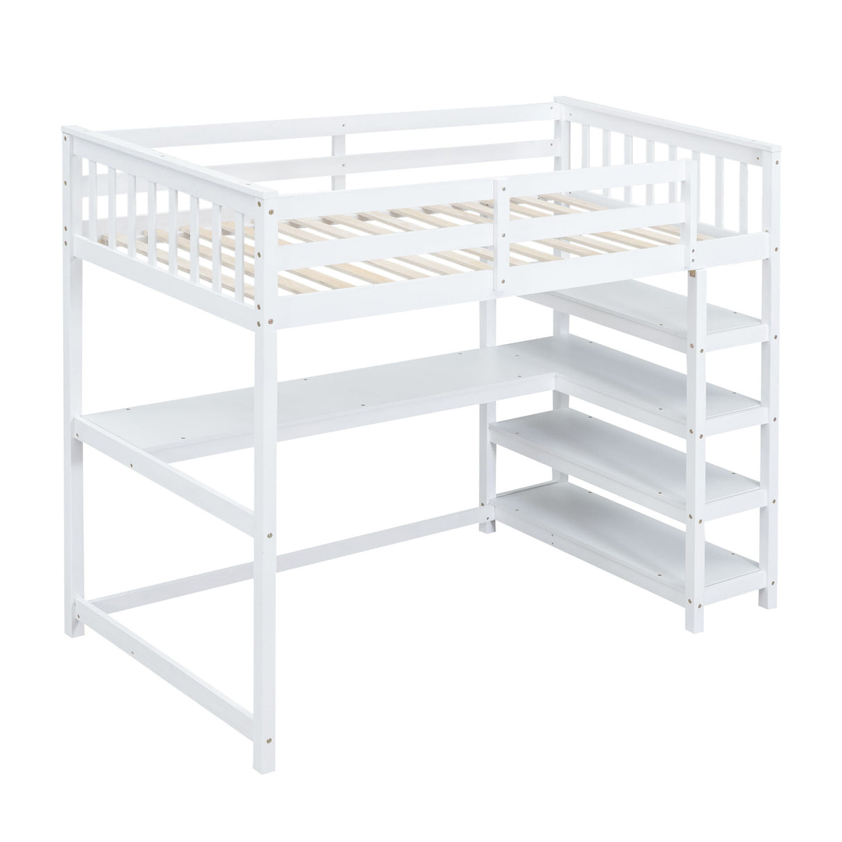 Loft Bed With Storage Shelves And Under Bed Desk