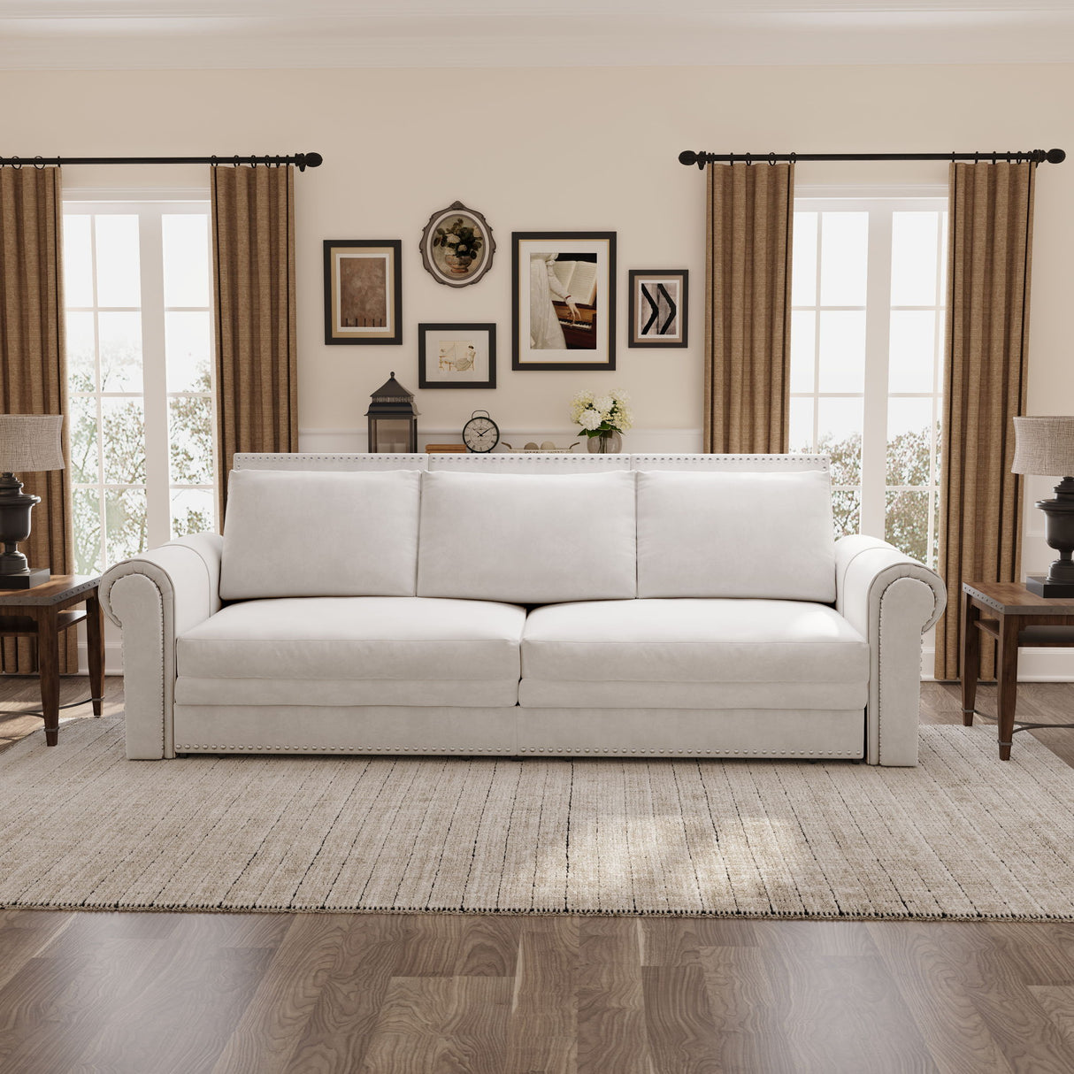 3 In 1 Convertible Sleeper Sofa With Nailhead Trim & Rolled Arm