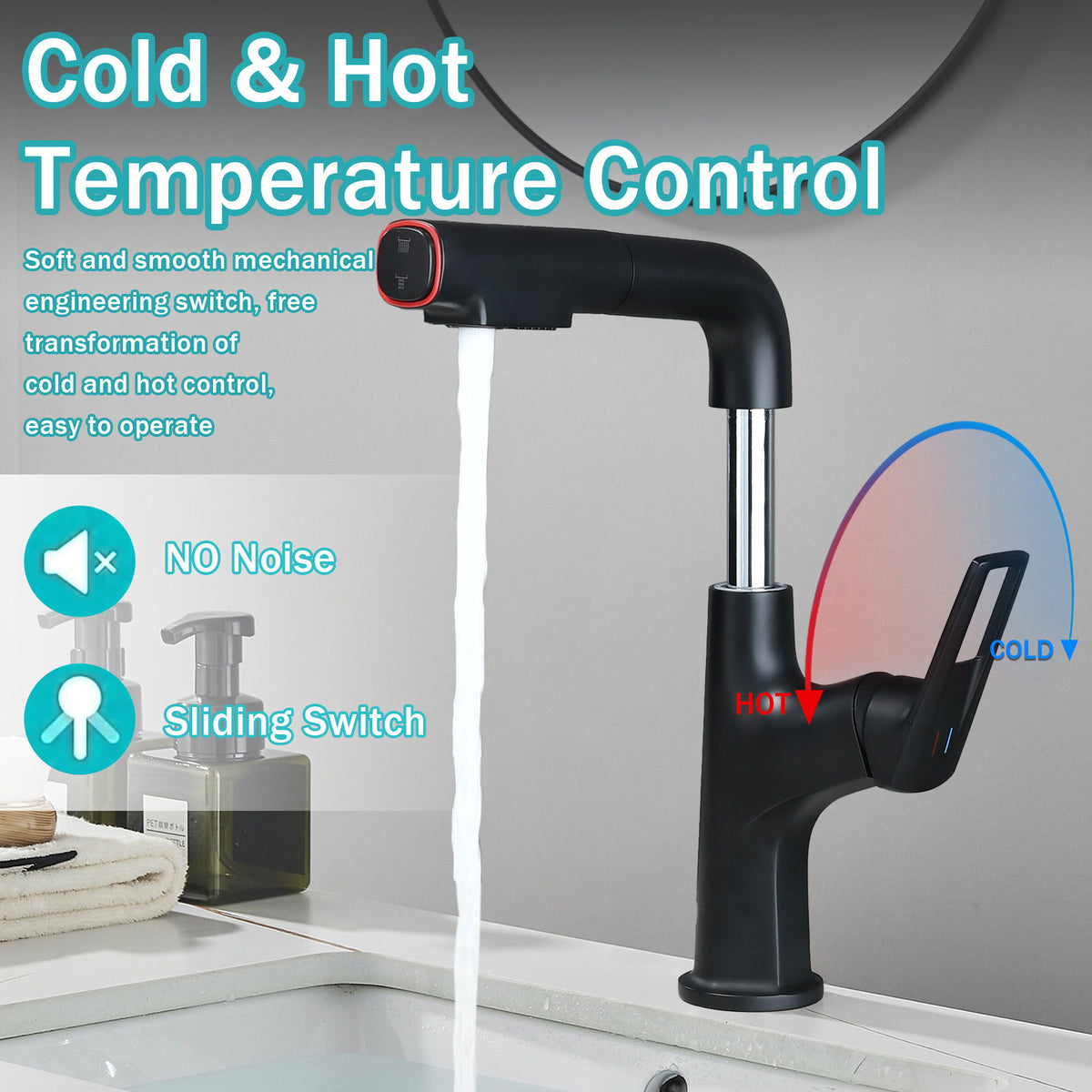 Pull Down Vessel Faucet With Lift Spout & Dual Spray Modes