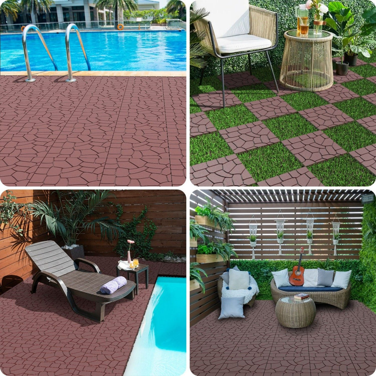 Stone Texture Diy Interlocking Patio Deck Tiles, 44 Pieces - Brown