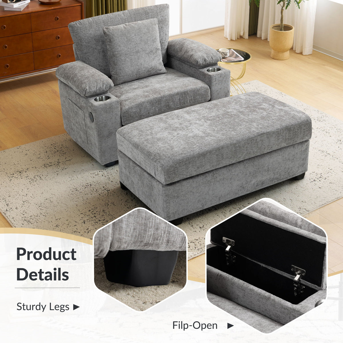 Modern Oversized Chair With Ottoman, Chenille Fabric Sofa Bed, Accent Chair Comfy Sofa With Cupholders And USB Charging Ports Chair For Living Room - Gray