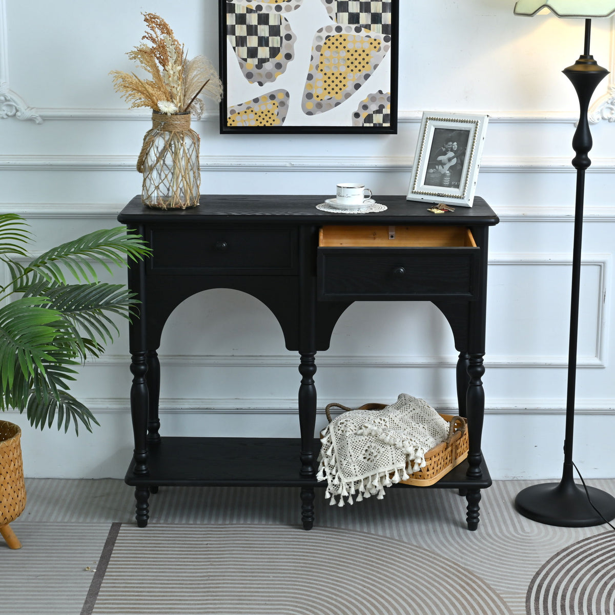 Accent Carved Console Table With Open Shelf And 2 Drawers For Living Room - Black