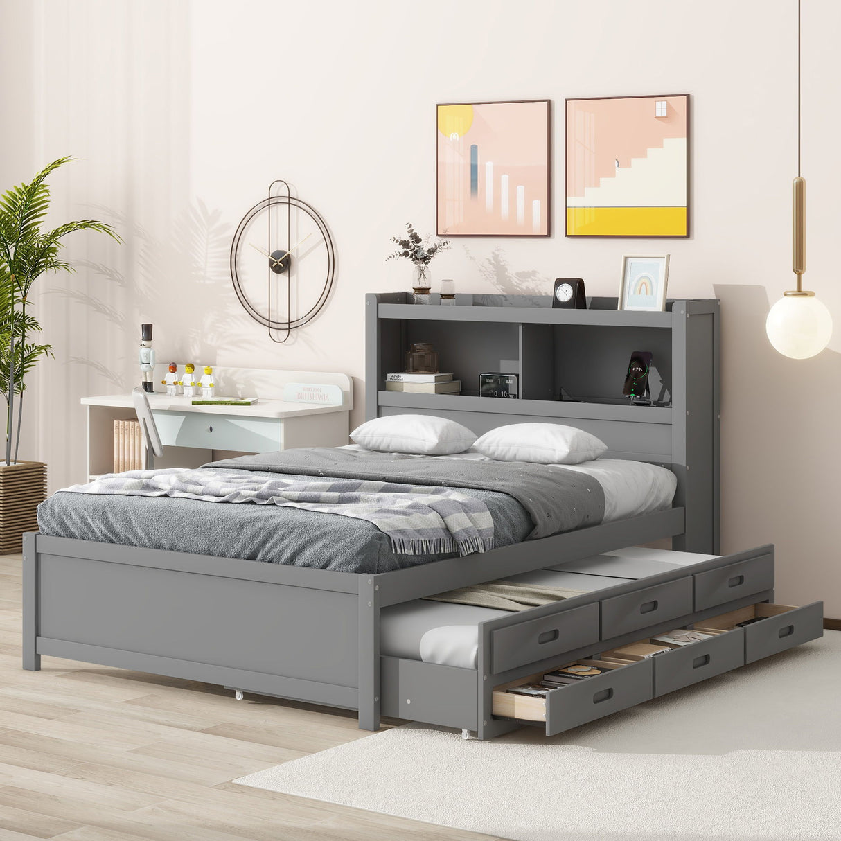 Platform Bed With Trundle, Drawers, USB Ports And Built In Shelves