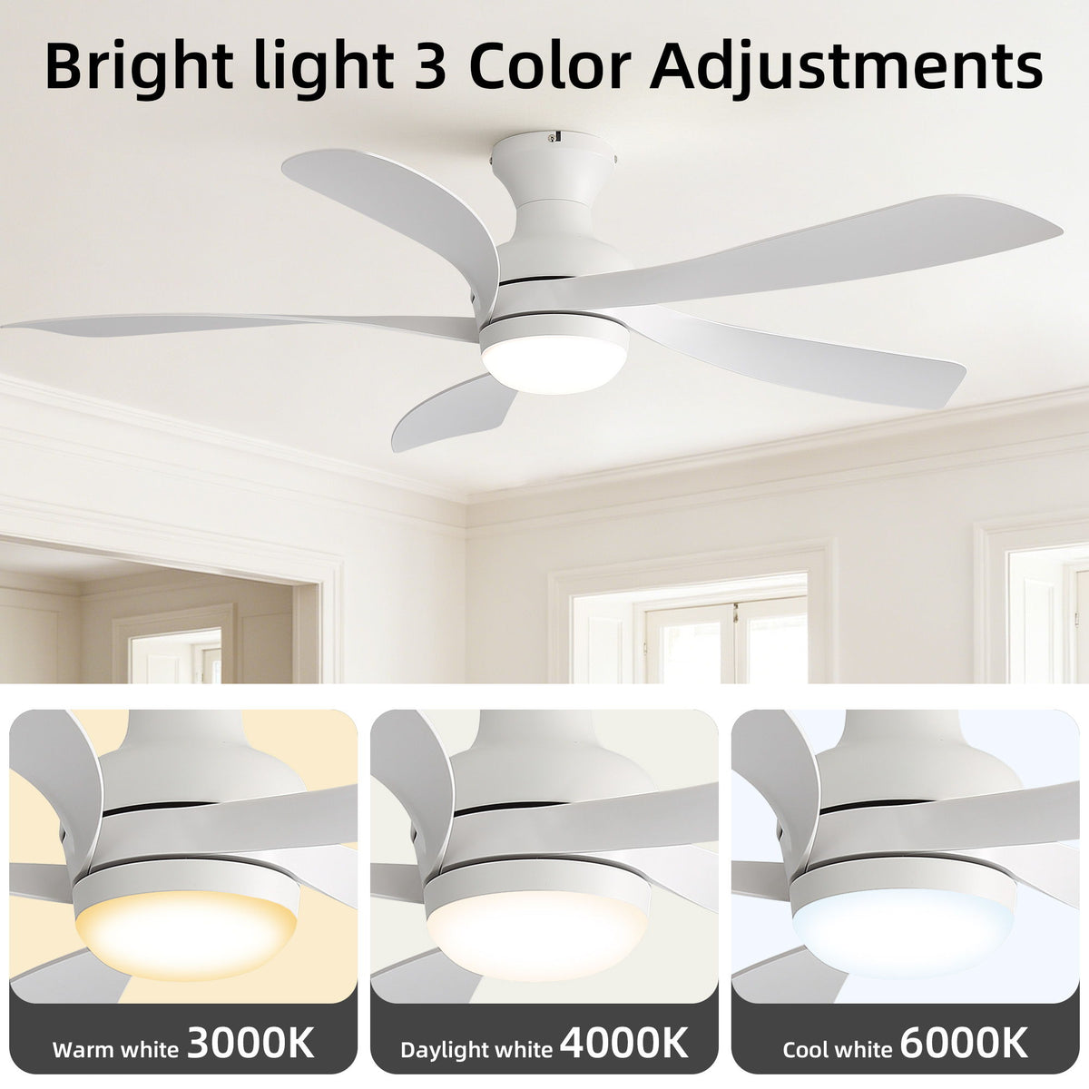52" Ceiling Fan With 3 Color Dimmable LED Light, DC Reversible Motor, 6 Speed Settings