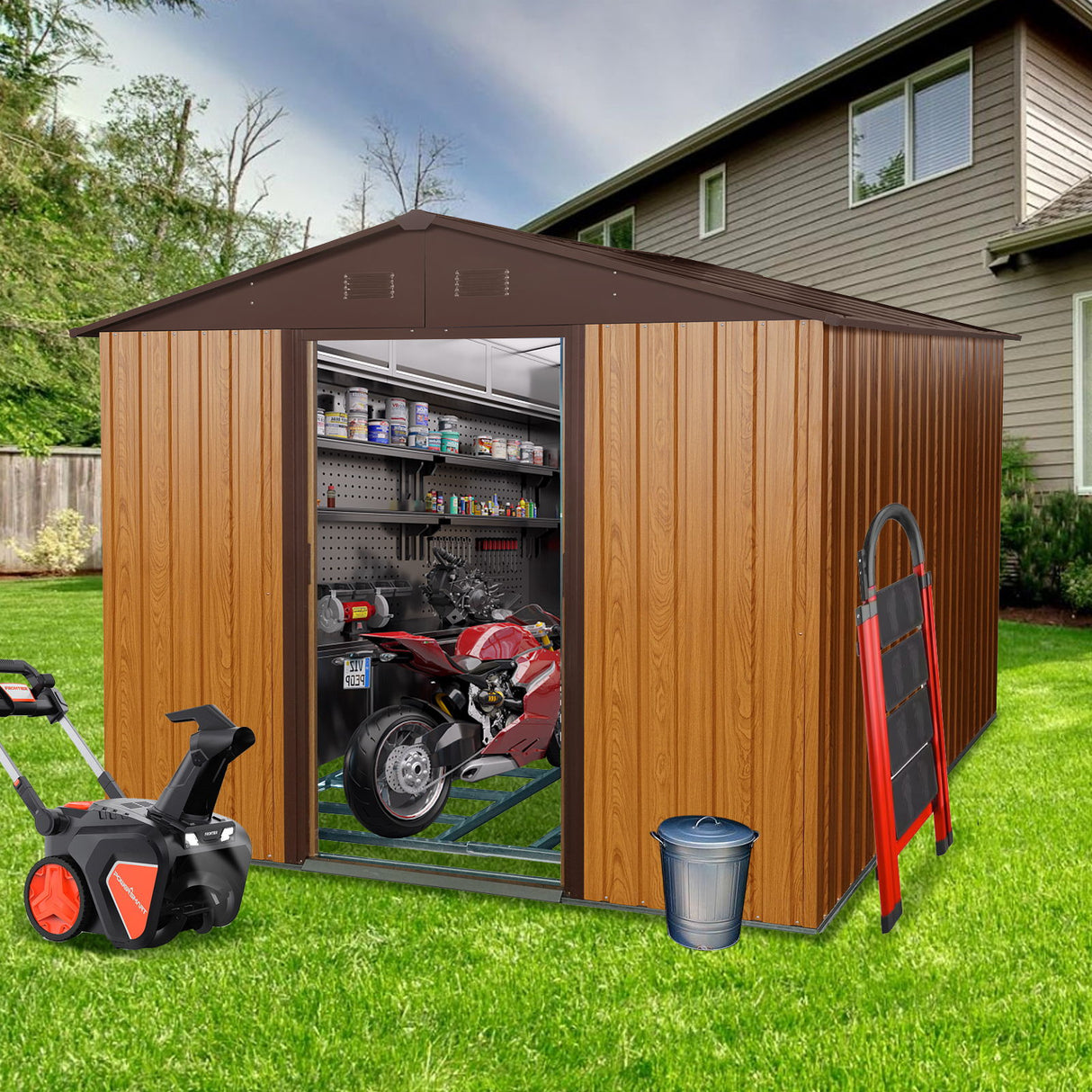 Outdoor Metal Storage Shed Garden Building Heavy Duty with Floor Base