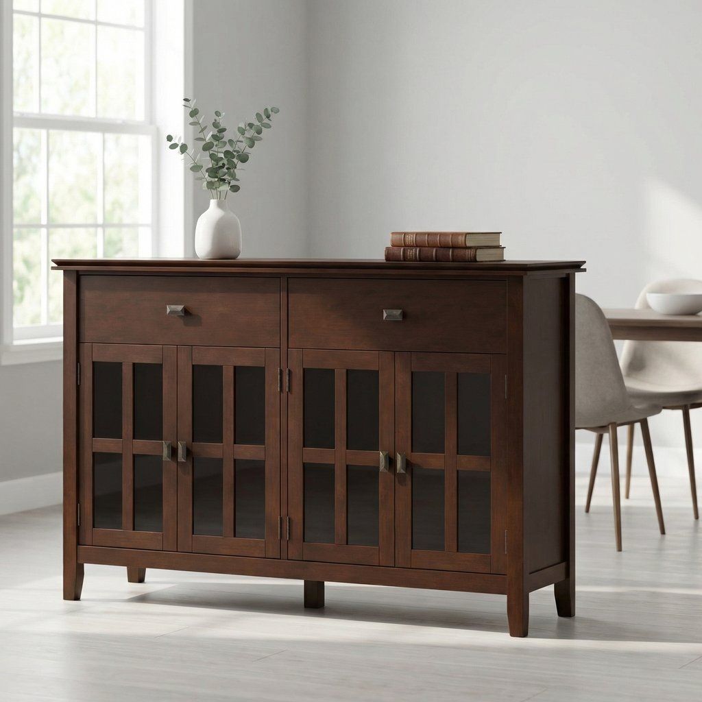 Large Sideboard Buffet Cabinet 4 Door Storage Solid Wood 60x36in Russet Brown