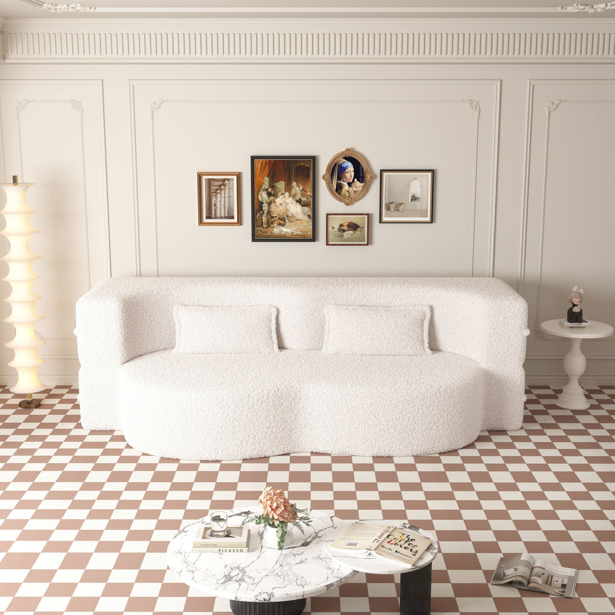 Modern Floor Sofa, With 2 Pillows, Convertible Teddy Fabric Foam Filled Bed