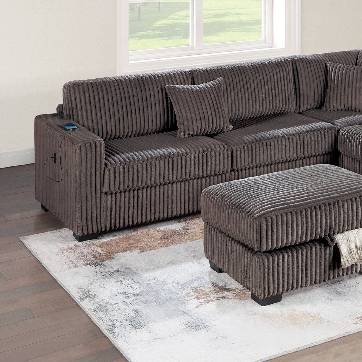 3 Piece Sectional Sofa With Reversible Chaise And USB Storage Ottoman