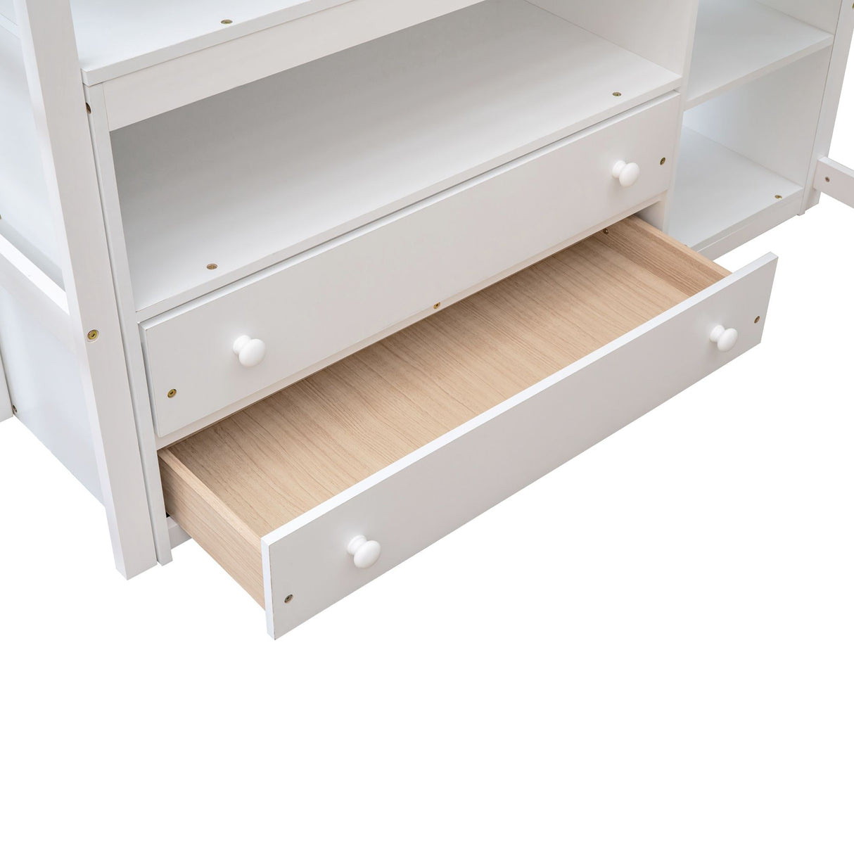 Modern Loft Bed With Built In Desk, Shelves, And 2 Drawers