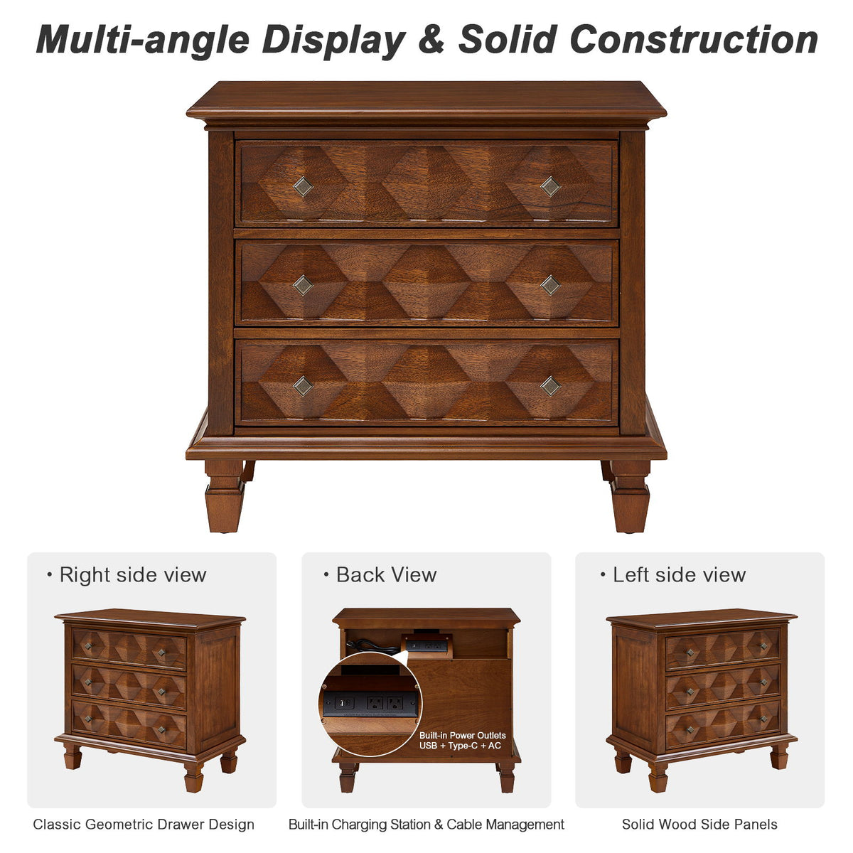 Nightstand With Charging Station, 3 Drawer Bedside Table - Walnut