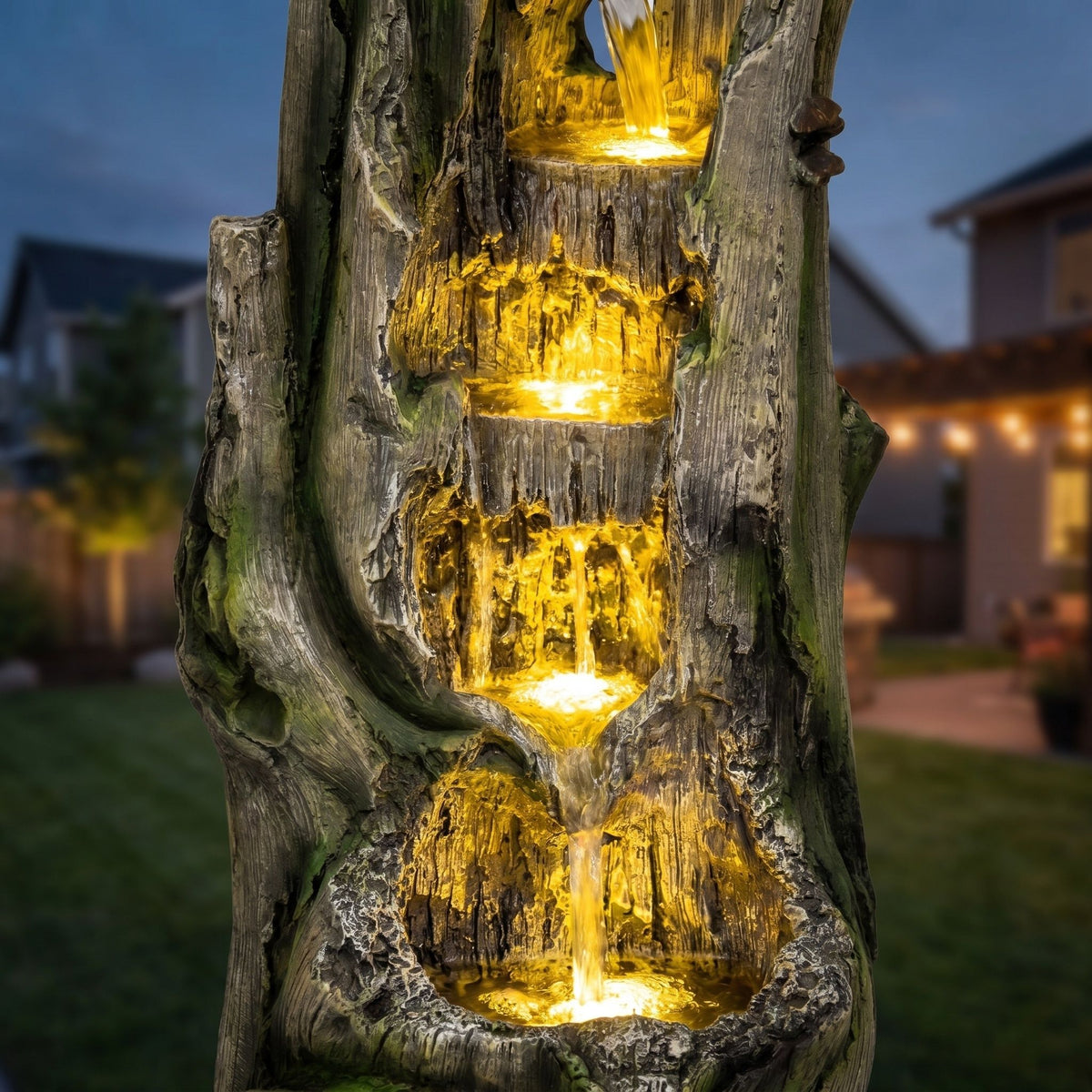 Outdoor Water Fountain, Tree Stump Cascading Fountain With Warm LED Lights - Earthy Yellow