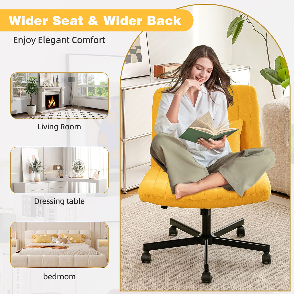 Criss Cross Armless Office Chair With Wheels Comfortable For Home Office - Yellow