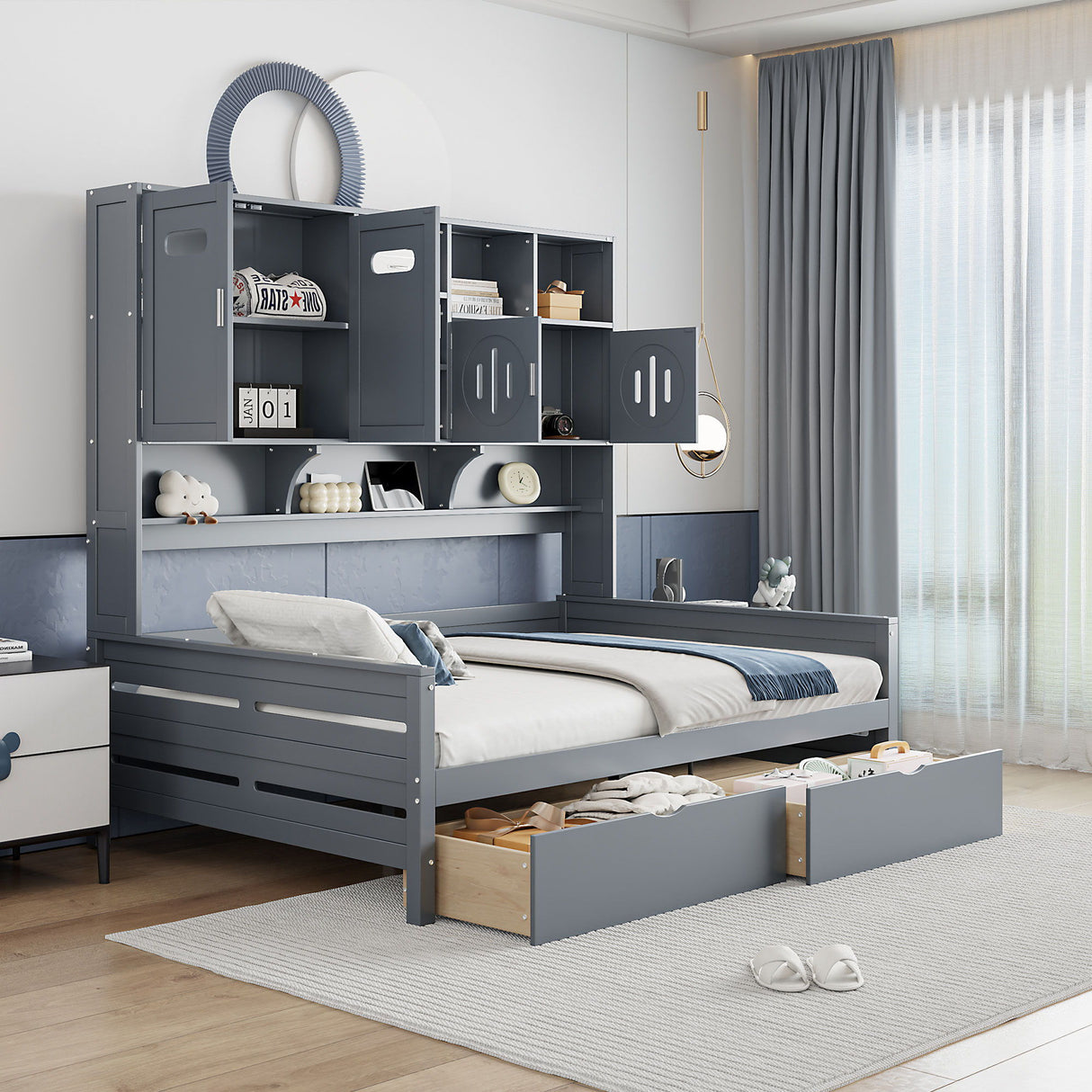 Daybed With All-In-One Cabinet And Shelf